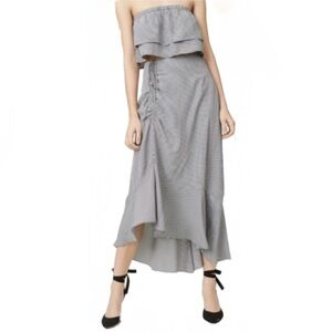 Club Monaco Ruanne Midi Skirt Size 2 Ruched Asymmetrical Gingham Black White